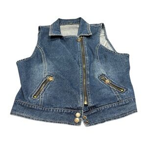 Stylish unique Blue Denim vest gold hardware snaps streetwear asymmetrical y2k